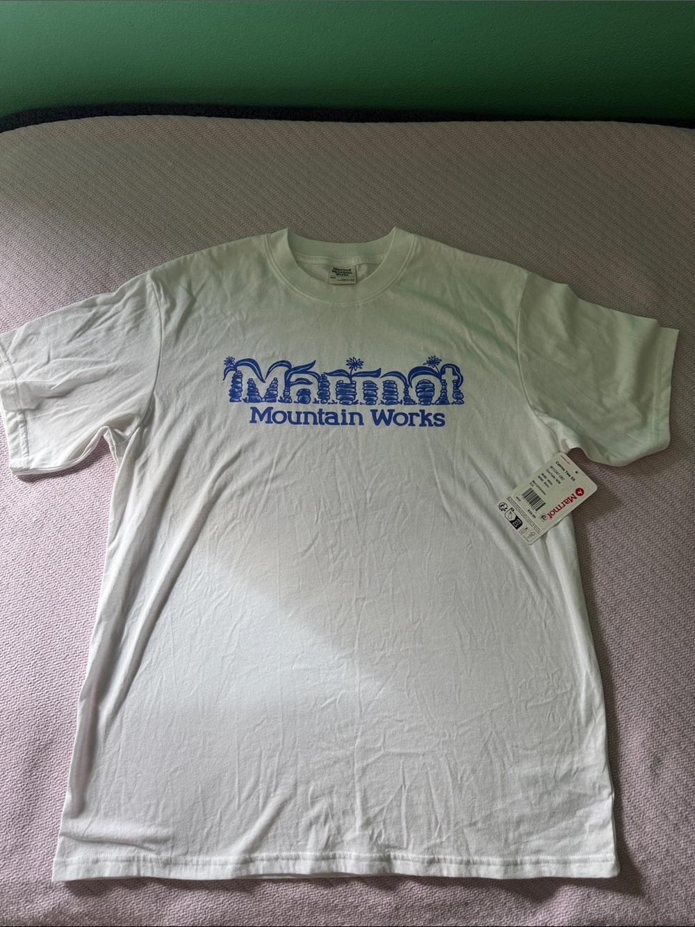 Marmot White Tee with Blue Mountain Works Logo